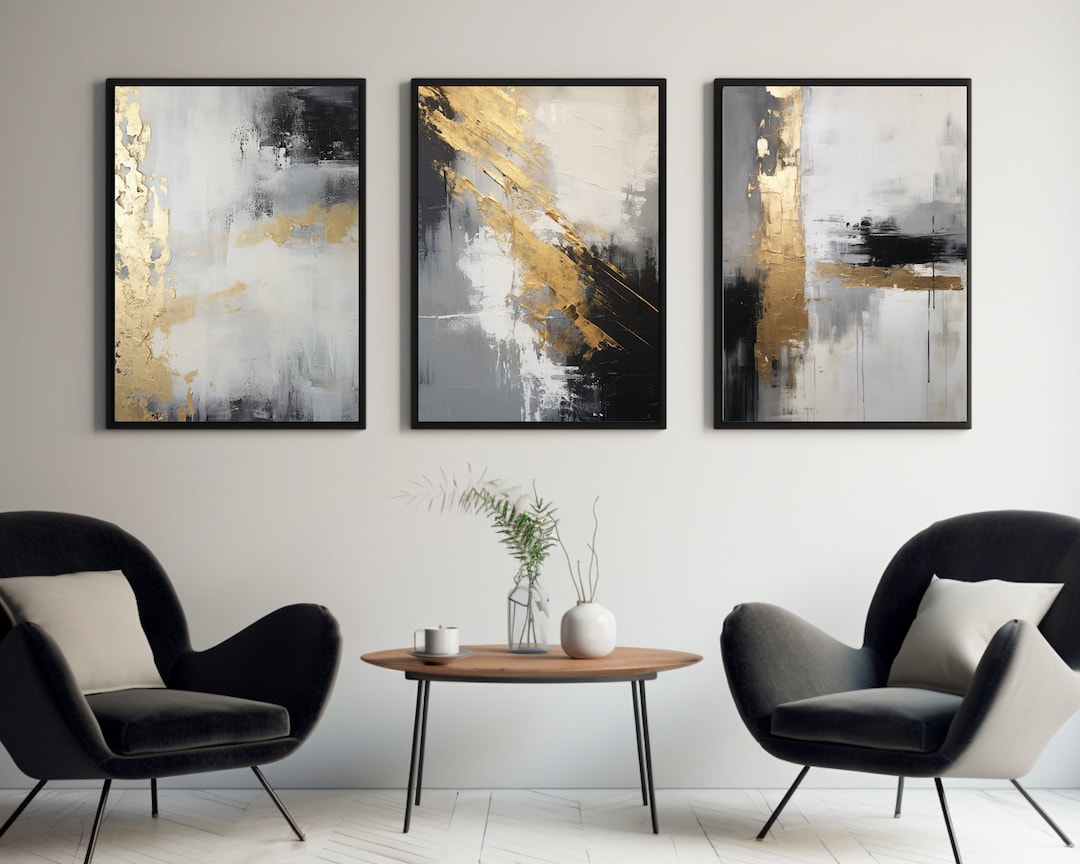 Gold Black Wall Art Set of 3, Abstract Gold Prints, Gold Bedroom Art, Modern Gold Wall Art Set