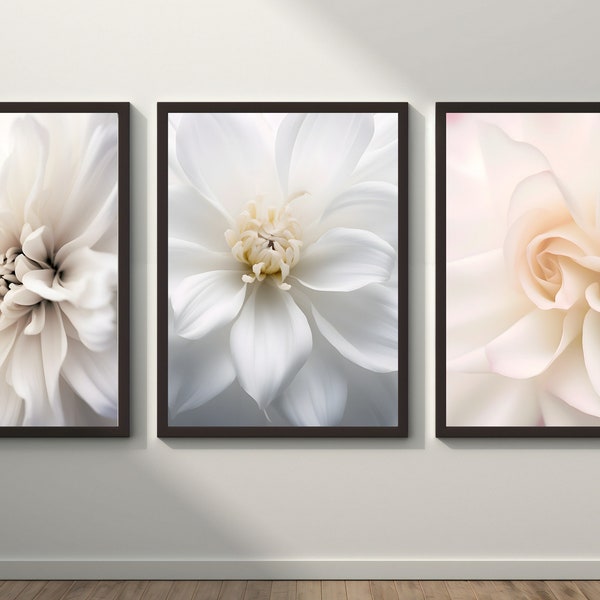 Abstract White Flower Print Set, White Luxurious Bedroom Art, Modern Flowers Wall Art Set, Painting Wall Art Printable, Luxury Art, Elegant