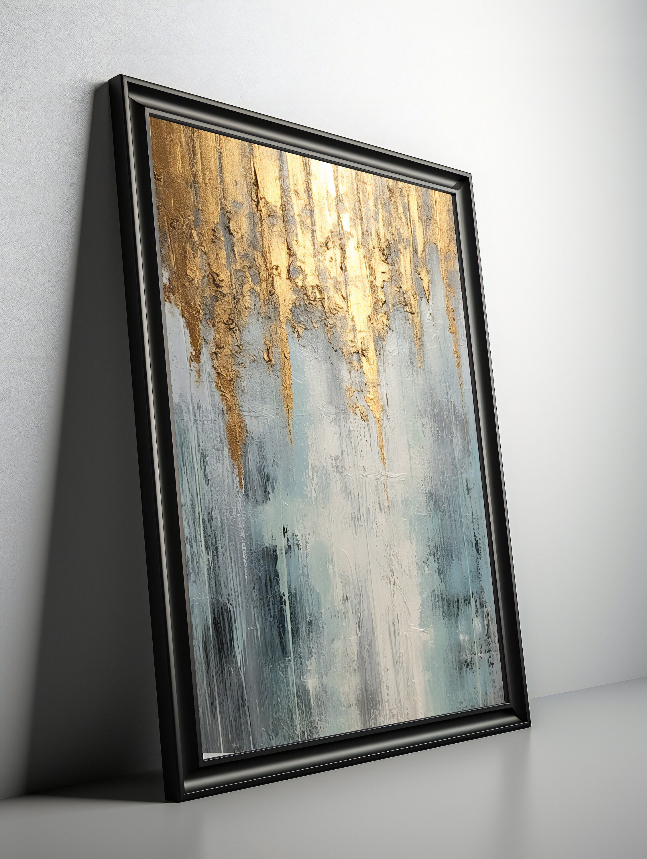 Gold Blue Teal Wall Art Set of 3, Abstract Gold Prints, Gold Bedroom
