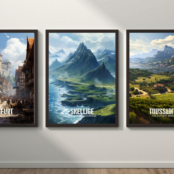 Witcher travel landscapes set, Oxenfurt, Skellige, Toussaint landscapes, Witcher fanart poster, Gaming Prints, Minimalistic Witcher