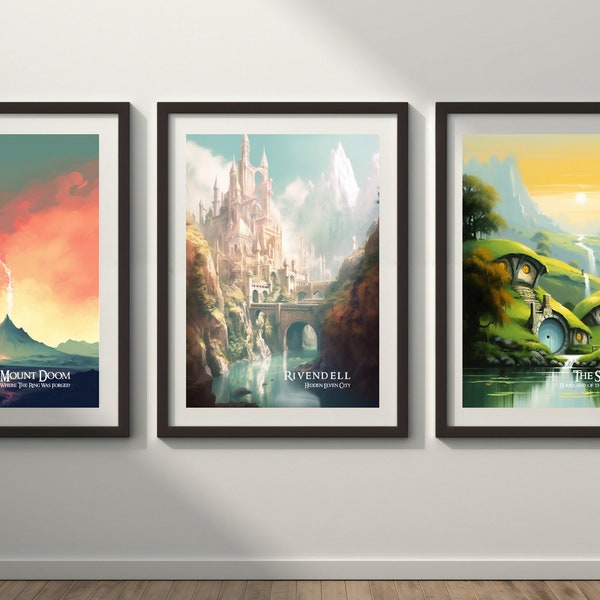 Lord of the Rings travel landscapes set, The Shire, Rivendell, Mount Doom landscapes, LOTR Poster, Nerd Cave Prints, Minimalistic LOTR