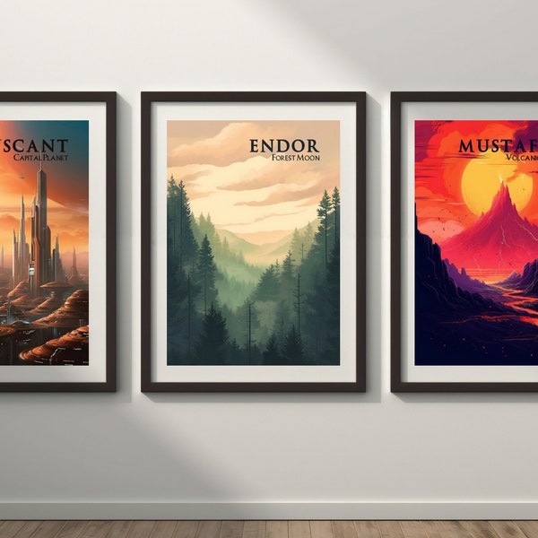 Star Wars travel landscapes set, Coruscant, Endor and Mustafar planets landscapes, Star Wars Poster, Nerd Cave Prints Minimalistic Star Wars