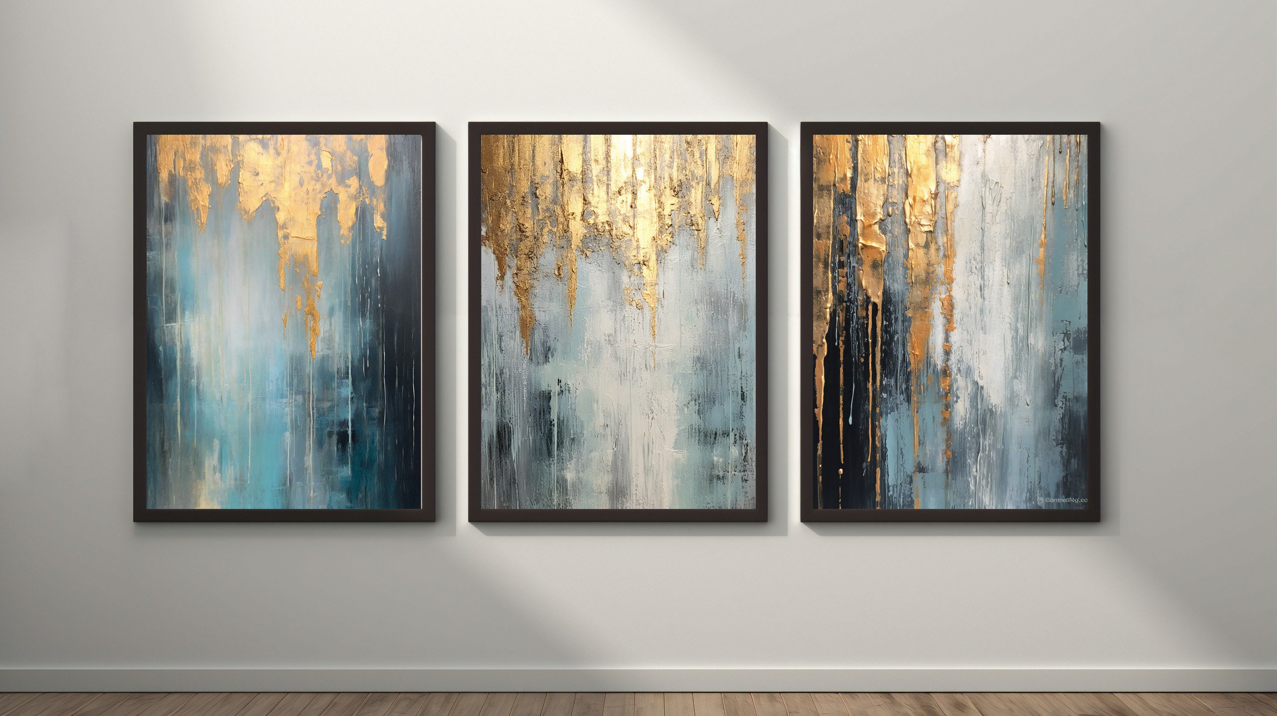 Gold Blue Teal Wall Art Set of 3, Abstract Gold Prints, Gold Bedroom