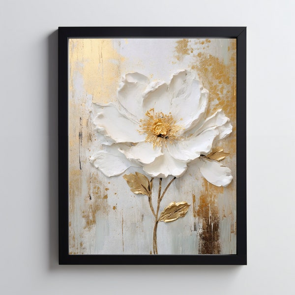 Abstract Gold White Flower Print, White and Gold Bedroom Art, Modern Flower Painting Wall Art Set, Painting Wall Art Printable, Luxury Art