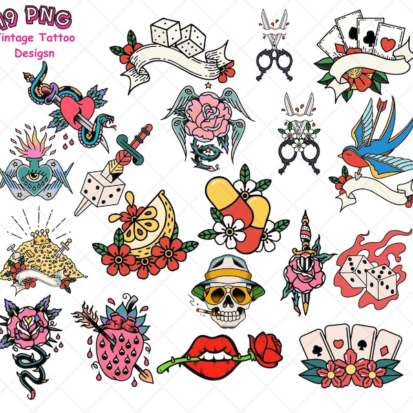 Old School Separate Vintage Tattoos,  Tattoo Flowers Digital Stickers Junk Journal Scrapbook Card making Retro Clipart Instant Download PNG