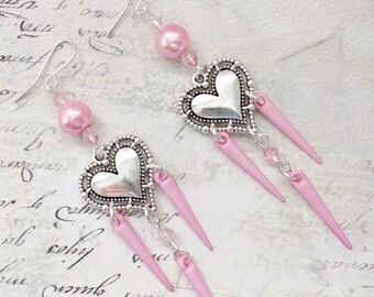 Long Pink Heart Spike Earrings, Alternate Goth Punk Jewellery