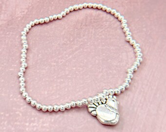 Silver Chicken Charm Bracelet: Beaded Stretch Stacking Bracelet