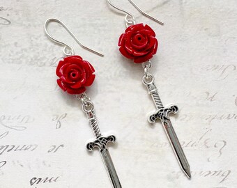 Rose & Dagger Earrings, Alternate Gothic sword Jewellery