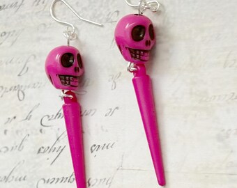 Pink Skull & Spike Earrings, Bright Alternate Goth Punk Jewellery