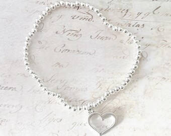 Silver Heart Charm Bracelet: Beaded Stretch Stacking Bracelet