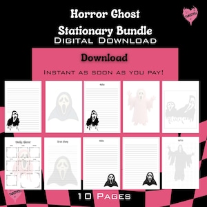 May include: A digital download stationery bundle with a horror theme. The design features a ghost face from the movie Scream, with lined paper, a weekly planner, and note pages. The text reads "Horror Ghost Stationary Bundle DIGITAL DOWNLOAD".