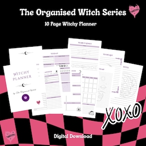 May include: A digital download of a 10-page witchy planner. The planner features a purple and white design with moon and star accents. The cover reads "Witchy Planner" and includes sections for daily, weekly, and yearly goals. The background is black and pink.