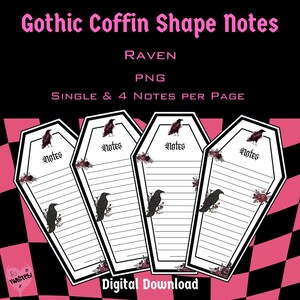 Peut inclure: Feuilles de notes gothiques en forme de cercueil avec des illustrations de corbeaux. Les notes sont blanches avec des bordures noires et présentent un corbeau perché sur chaque feuille. Le texte sur l'image indique "Gothic Coffin Shape Notes", "Raven" et "Digital Download".