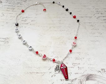 Drop Dead Coffin Necklace, Spooky Gothic Halloween Charm Choker Jewellery