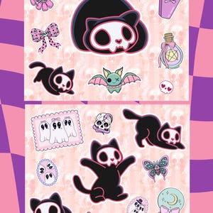 May include: A sheet of 20 kawaii cat sticker designs. The stickers feature black cats with skull faces, bats, ghosts, and other spooky elements. The background is pink with a skull pattern and the text "20 Kawaii Cat Sticker Ready designs" and "Instant Download - Printable - PNG".