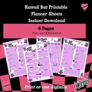 Kawaii fladdermusplanerare | Journalkonst | Fladdermusbrevpapper | Gotiska utskrivbara ark | Häxig journal | Gen Z digital nedladdning | Vecka | Dag | Månad