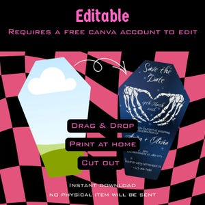 May include: A digital invitation template in a coffin shape, featuring a blue sky and green grass background on the left and a dark blue invitation with skeleton hands forming a heart on the right. Text includes "Save the Date" and wedding details.