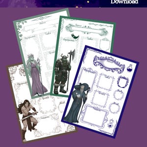 May include: Digital download of fantasy character sheets. The sheets feature ornate borders and spaces for character details, including name, equipment, tasks, quests, and treasure. The image includes illustrations of fantasy characters. Text reads "Fantasy Character Sheets" and "Digital Download."