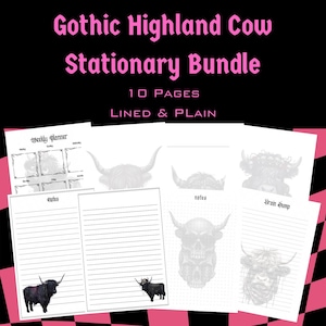 May include: A Gothic Highland Cow Stationery Bundle with 10 pages, lined and plain. The bundle includes a weekly planner, note pages, and a brain dump page. The pages feature illustrations of Highland cows and skulls.