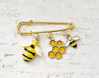 Bee Brooch Pin: Enamel & Resin Charms on Gold Tone Safety Pin