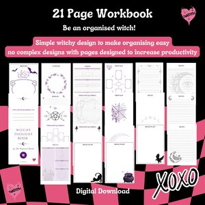 May include: A 21-page digital workbook with a witchy theme. The cover features the text "Witchy Thought Book" and "Be an organised witch!". Inside are pages for notes, mind maps, and brainstorming, with illustrations of moons, cauldrons, and bats.