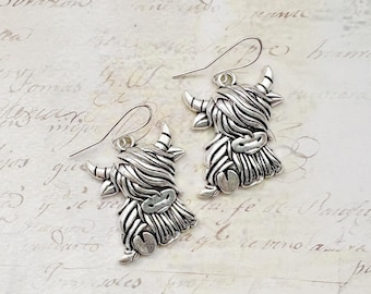 Silver Highland Cow Earrings : Dangly Drop Animal Jewellery