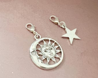 Set of 2 Clip On Charms | Sun, Moon & Star | Celestial Gifts | Star Zipper Gift | Silver Bracelet Dangle