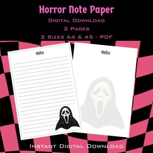 Puede incluir: Dos páginas blancas de Horror Note Paper con texto negro que dice Horror Note Paper, Digital Download, 2 Pages, 2 Sizes A4 & A5 - PDF e Instant Digital Download. Una página está rayada con un gráfico de máscara de fantasma, la otra está en blanco.