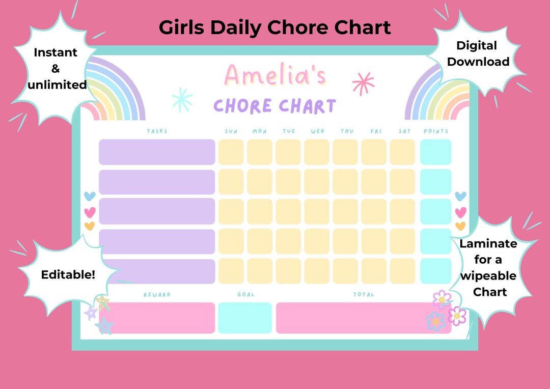 Girls Chore Chart | Printable Tracker | Digital Download | Editable ...