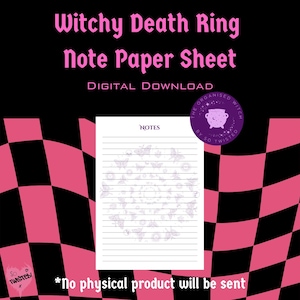 Peut inclure: Une feuille de papier de notes à télécharger numériquement avec le texte "Witchy Death Ring Note Paper Sheet DIGITAL DOWNLOAD". Le papier ligné présente un motif de papillons et de fleurs. Le fond est à carreaux noirs et roses.