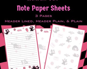 Kawaii Cat Notepaper | Witchy Stationary | Witch's Cat Journal | Digital Download | Feline Printable Notepad | Gothic Planner Inserts