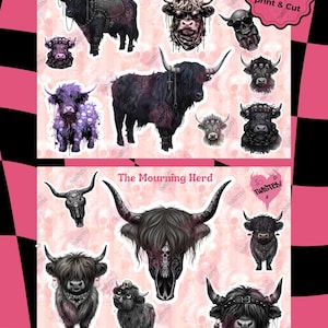 May include: A sheet of 15 Gothic Highland cow sticker designs. The stickers feature illustrations of Highland cows with gothic elements, skulls, and dark colors. Text includes "The Mourning Herd" and "Instant Download - Printable - JPEG, PNG & PDF".