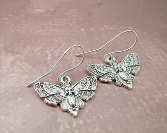 Death Moth Earrings | Gothic Drop Earrings | Silver Moth Jewellery