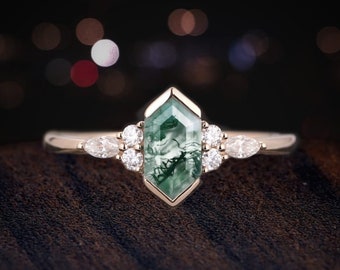 Sechseckiger Moosachat-Ring, zierlicher Versprechensring, Vintage-Grüner Moosachat-Verlobungsring, Art-Deco-7-Stein-Moissanit-Ring, Roségold für Frauen