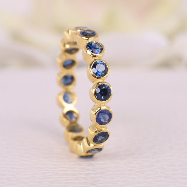 Blue Sapphire Full Eternity Wedding Band, 14K Yellow Gold Bridal Ring, Girls Matching Band Bezel Set Handmade Jewelry Birthday Gift For Wife