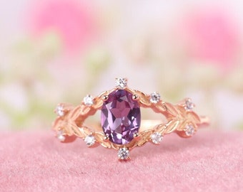 Vintage Oval Alexandrite Ring 14K Rose Gold Engagement Ring Unique Diamond Promise Ring June Birthstone Jewelry Anniversary Gift for Her