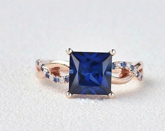 Princess Cut Blue Sapphire Ring 14K Rose Gold Engagement Ring For Women Promise Ring Crossover Diamond Sapphire Ring Anniversary Gift Wife