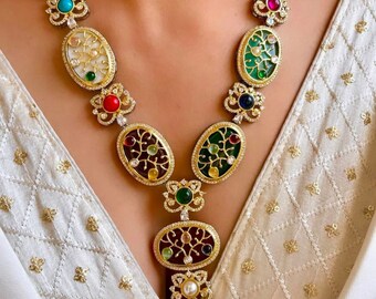 Sabyasachi Inspired Designer kundan Set, Green Kundan Choker, Kundan Bridal Choker Set Customizable Kundan Bridal Sets multicolored necklace