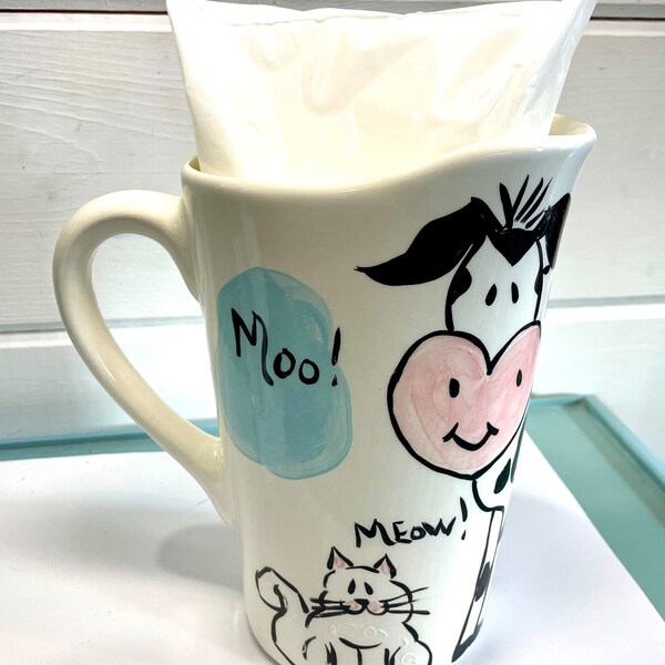 Milk jug, hand painted Ceramic Milk pitcher for milk bags, cat and cow design handmade by colours by chris