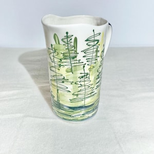 Ceramic Milk jug Pitcher, ceramic milk pitcher. Vase, Milk bag pitcher, green trees, cottage design, handmade milk bag holder, Cottage Core