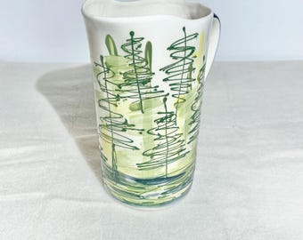 Ceramic Milk jug Pitcher, ceramic milk pitcher. Vase, Milk bag pitcher, green trees, cottage design, handmade milk bag holder, Cottage Core