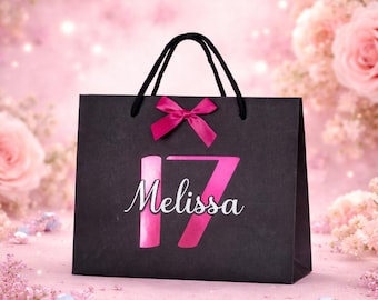Personalised Black Gift Bag with Bow and Name – Birthday Present Holder