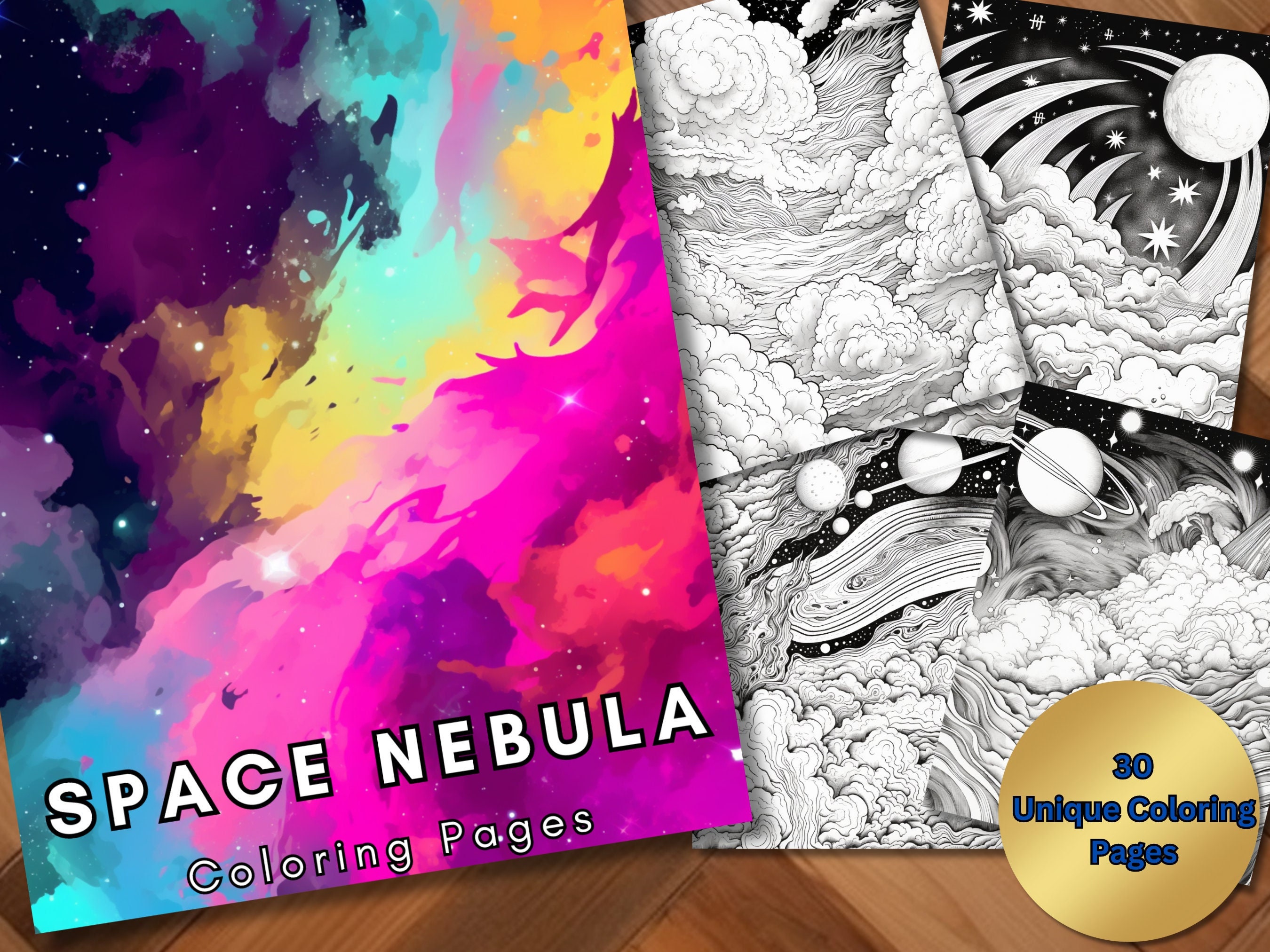30 Beautiful Space Nebula Coloring Page Book, Adults Kids Instant