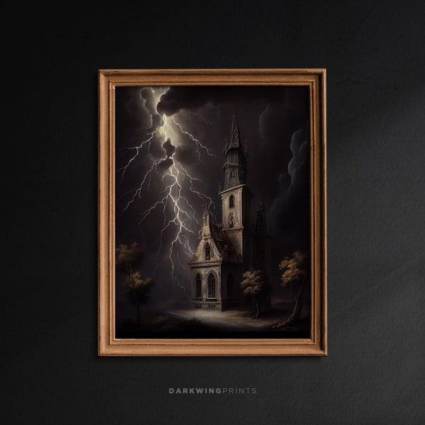 Gothic Church in the Storm, Gothic Architecture and Celestial Wall Art, Moody Oil Painting Print, Dark Academia, Vintage Aesthetic - G132