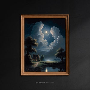 Impresión de pintura al óleo de paisaje cambiante, arte de pared celestial vintage, decoración de academia oscura, paisaje oscuro, luna nocturna y decoración de pared de nubes - G114