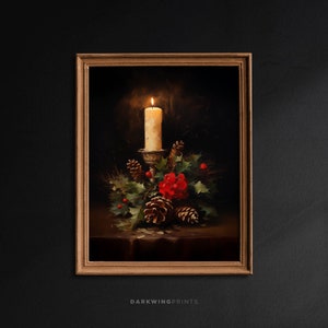 Christmas Candle and Rose Still Life Painting, Pinecone and Holly Berries Wall Art Decor, Rustic Christmas Decor, Light Academia Print -G403