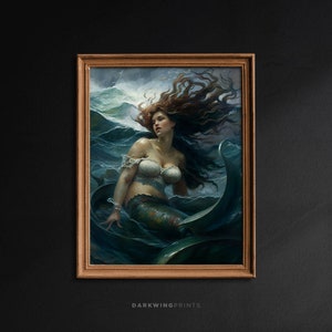 Tormenta de sirena, pintura al óleo de sirena vintage, arte antiguo de la pared de la sirena, arte marítimo, academia oscura, arte de la pared náutica, impresión del paisaje marino - G347