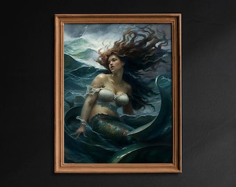 Mermaid Storm, Vintage Mermaid Oil Painting, Antique Mermaid Wall Art, Maritime Art, Dark Academia, Nautical Wall Art, Seascape Print - G347