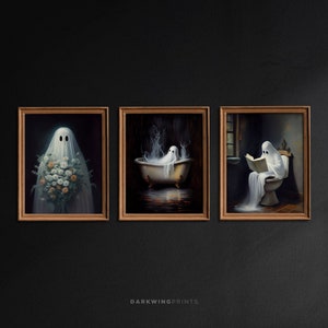 3 Stück Halloween Leinwand Poster, Retro Halloween Poster, Geister Portrait mit Blumen, Gespenster im Badezimmer, Gespenster im Badezimmer - G508