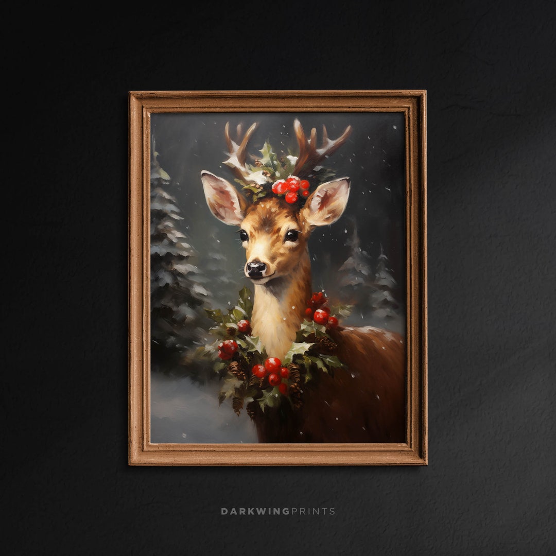 Xmas Reindeer Print, Christmas Decoration, Winter Christmas Wall Art, Vintage Deer Painting